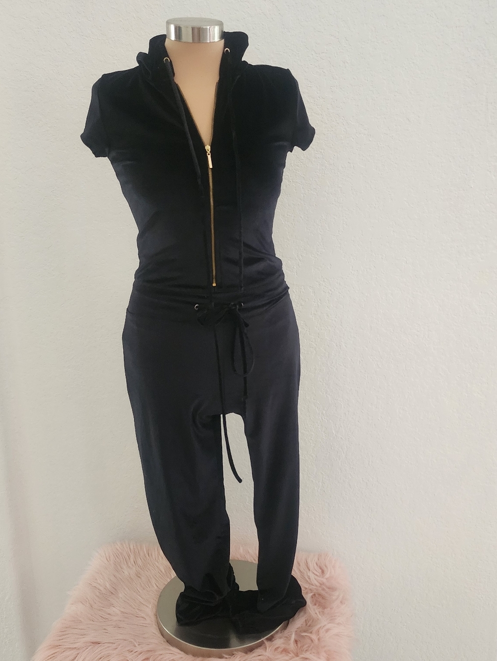 HOT MIAMI STYLES | Black Velvet Jumpsuit with Drawstring